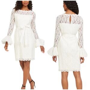 Shani NWT Ruffle Sleeve Lace Sheath Dress White Size 10 Ribbon Tie Bell Cuff